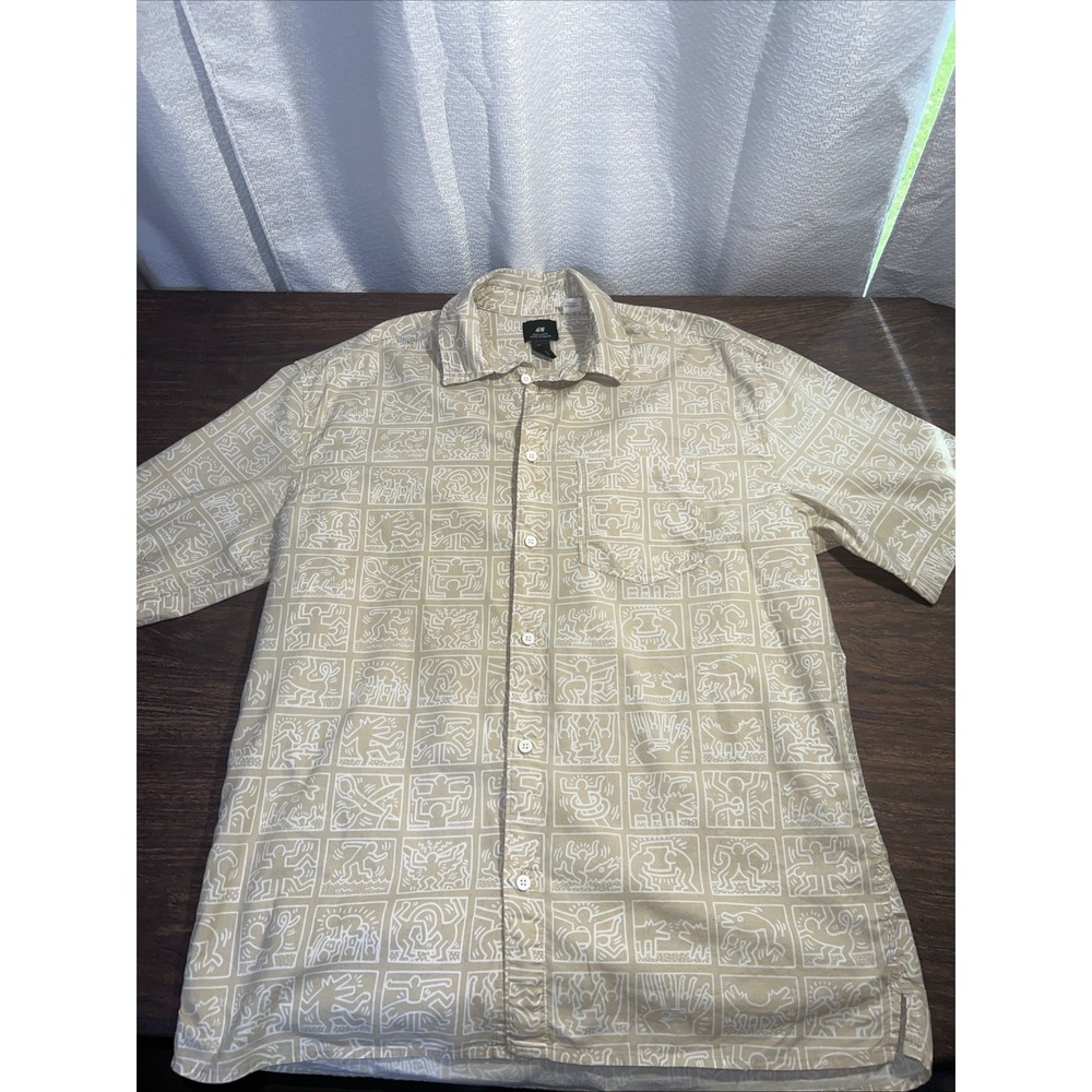 H&M Keith Haring Short Sleeve Button Up Shirt Size Medium Beige